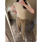 Cotton Cable‑Knit Crew Neck Short‑Sleeve Fitted Top