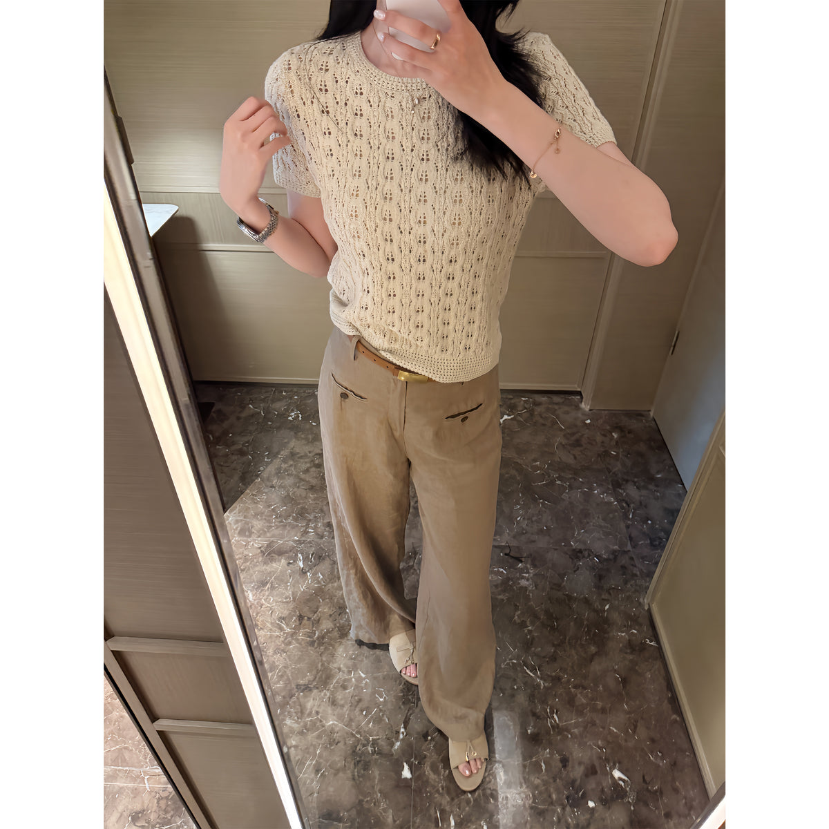 Cotton Cable‑Knit Crew Neck Short‑Sleeve Fitted Top