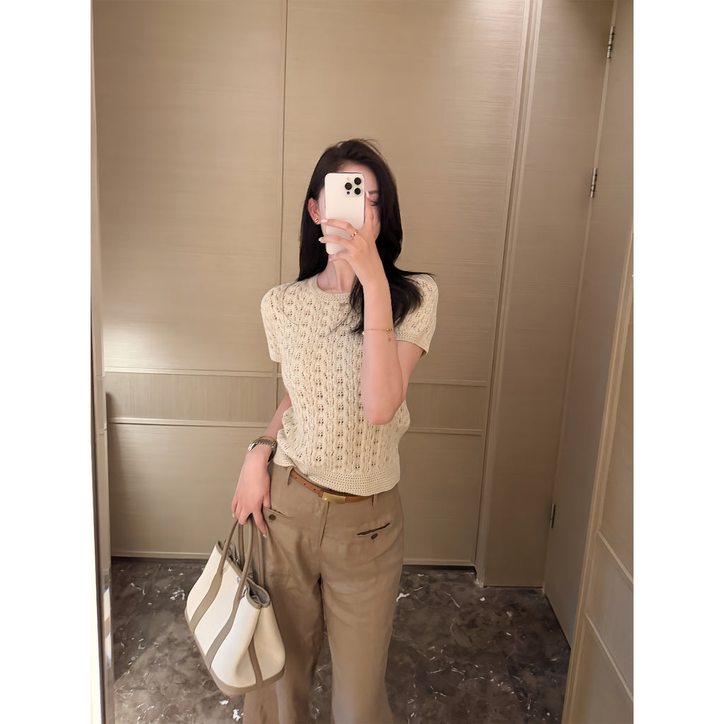 Cotton Cable‑Knit Crew Neck Short‑Sleeve Fitted Top
