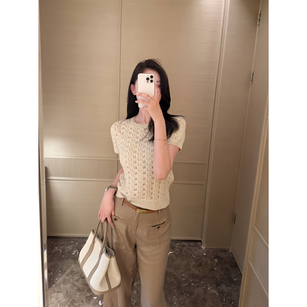 Cotton Cable‑Knit Crew Neck Short‑Sleeve Fitted Top