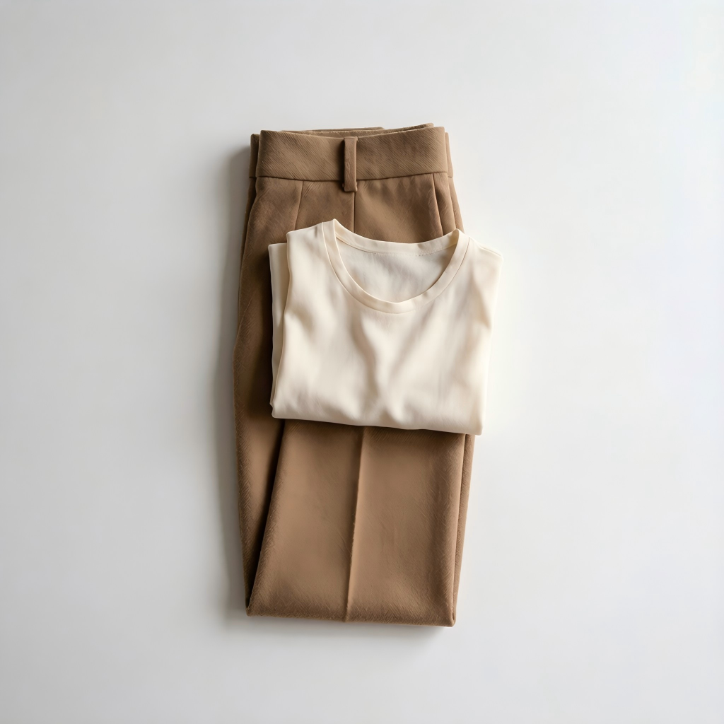 Camel high-waisted wool trousers with a cream shell top, flat lay