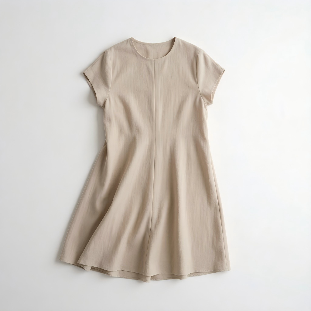 Oat beige A-line midi dress, laid flat
