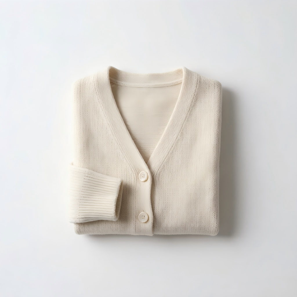 Cream fine-gauge knit cardigan, folded