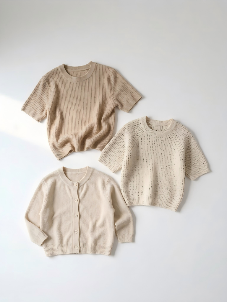 RQFashion boutique — three RUIJIN knitwear pieces in oat, cream and ecru laid flat on white