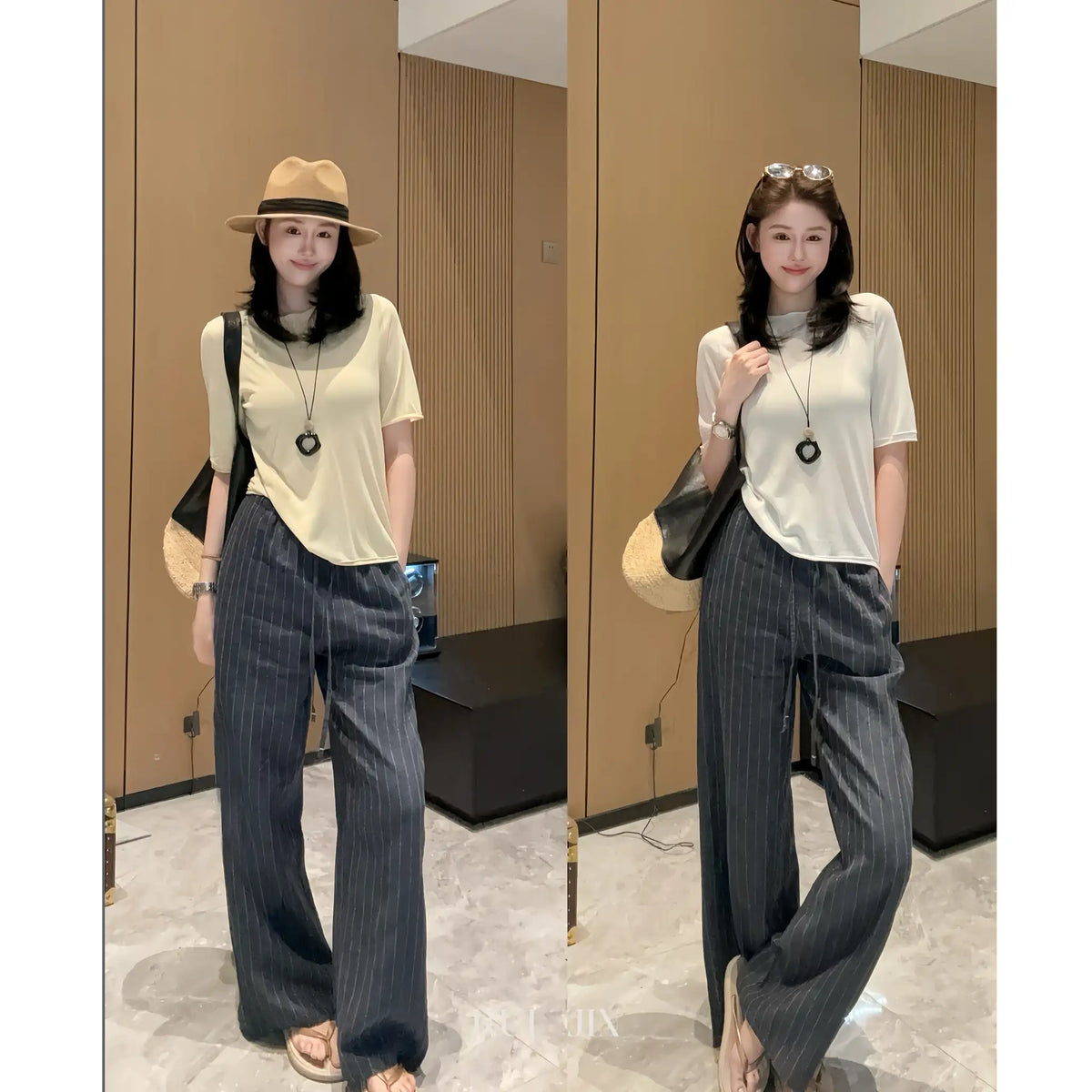 Relaxed Wide-Leg Striped Pants with French Ease