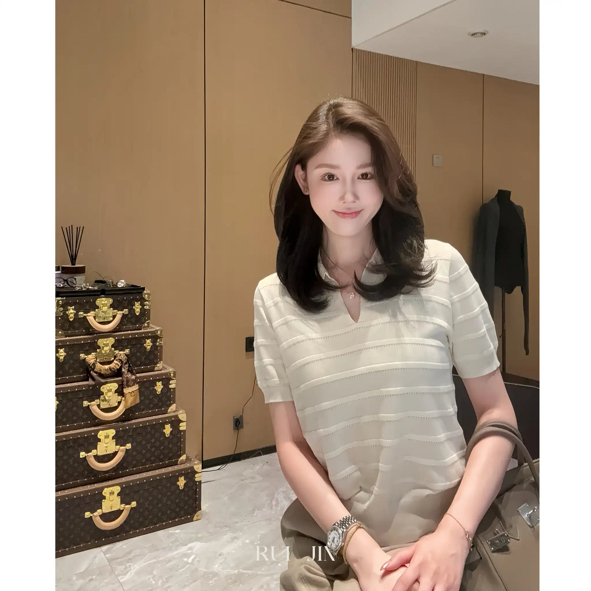 Striped Polo-Collar Knit Top for Summer Workwear