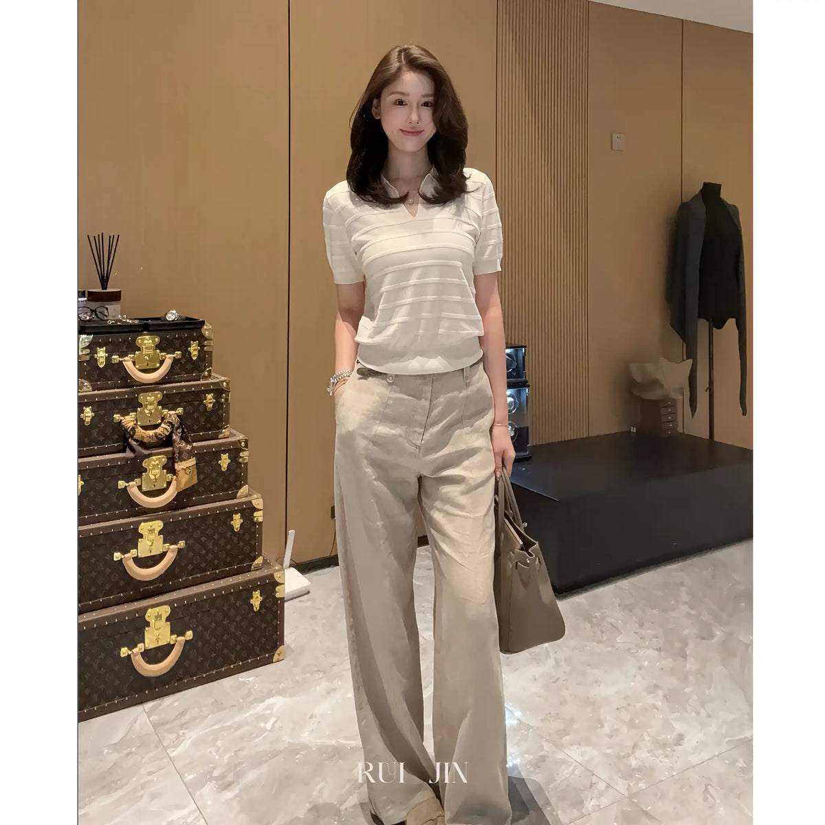 Striped Polo-Collar Knit Top for Summer Workwear