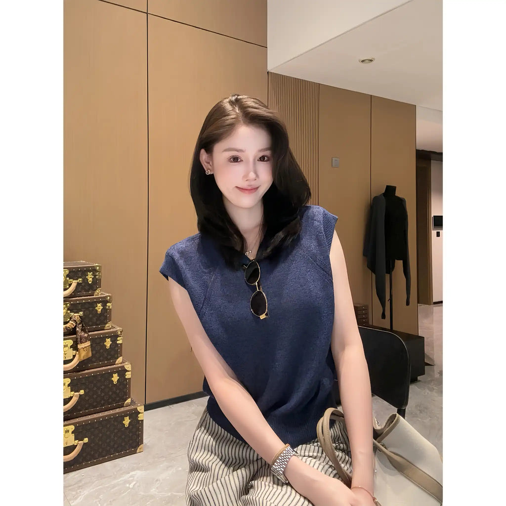 Cap-Sleeve Crew Knit Top for Cool Summer Days