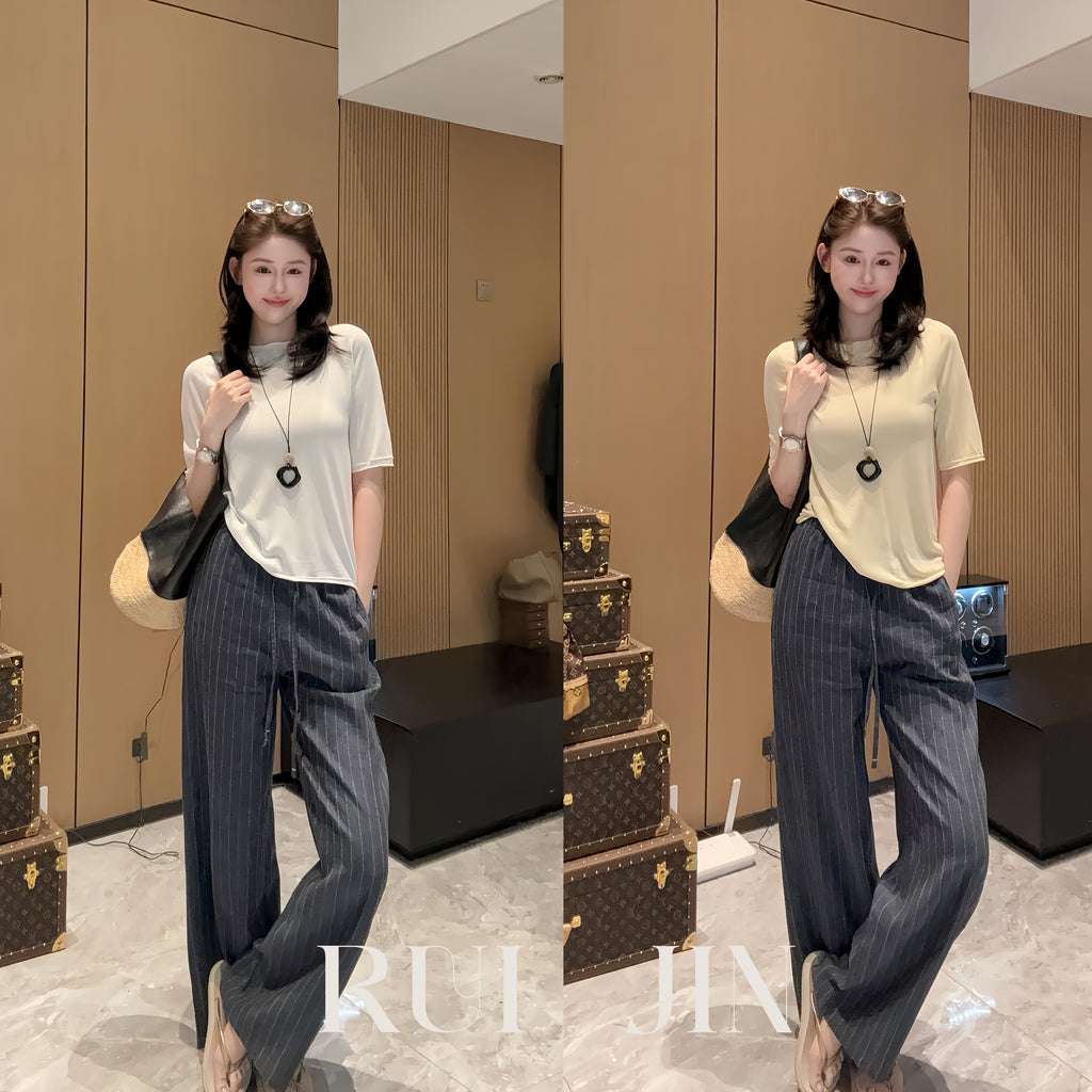 Relaxed Wide-Leg Striped Pants with French Ease