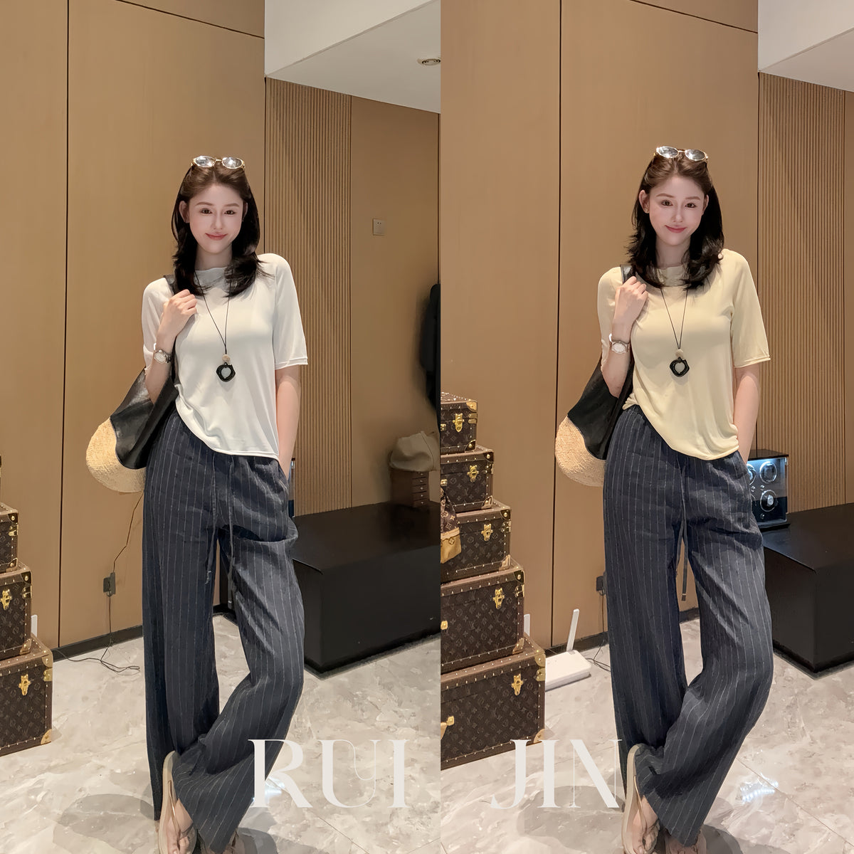 Relaxed Wide-Leg Striped Pants with French Ease