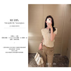 Cotton Cable‑Knit Crew Neck Short‑Sleeve Fitted Top