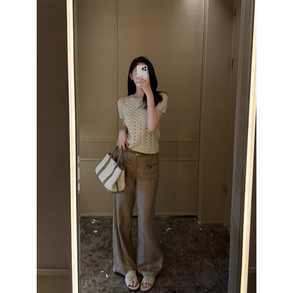 Cotton Cable‑Knit Crew Neck Short‑Sleeve Fitted Top