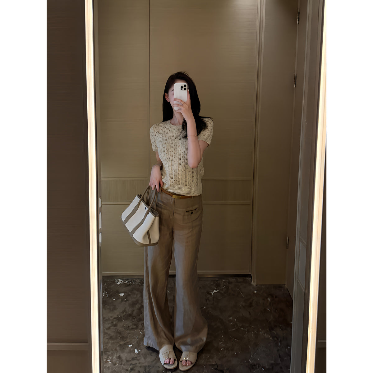 Cotton Cable‑Knit Crew Neck Short‑Sleeve Fitted Top