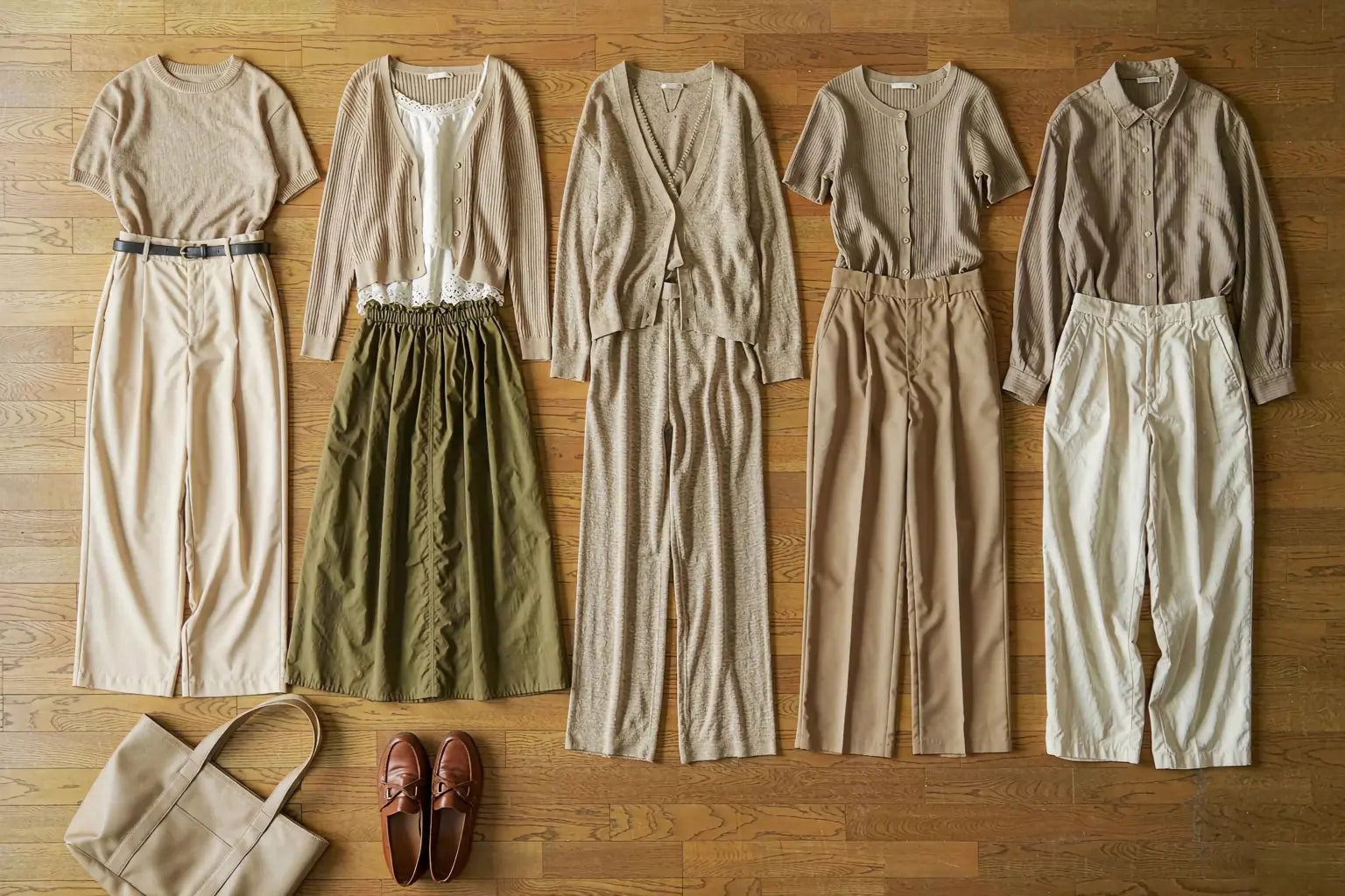 Five capsule work outfits laid out as columns for the week