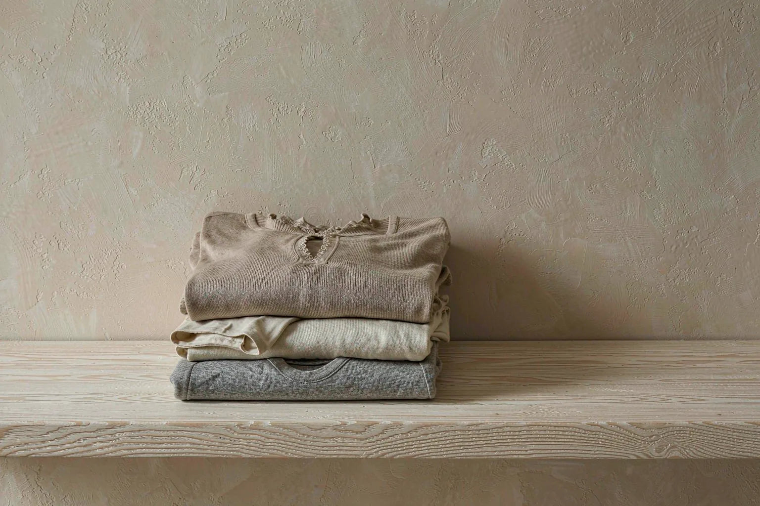 A short stack of folded knit tops in oatmeal and linen tones on a light wooden shelf