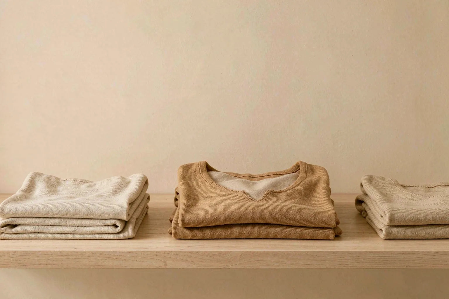 Folded knit tops in oatmeal and camel tones arranged on a light wooden shelf against a cream wall