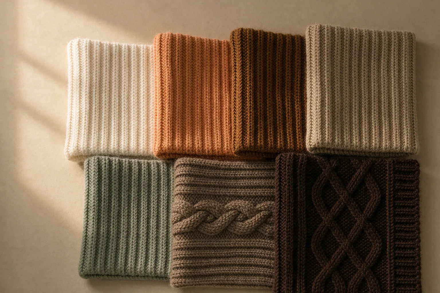 Knitted fabric swatches arranged from pale oatmeal through apricot and khaki to deep espresso brown, showing the Maillard colour ladder