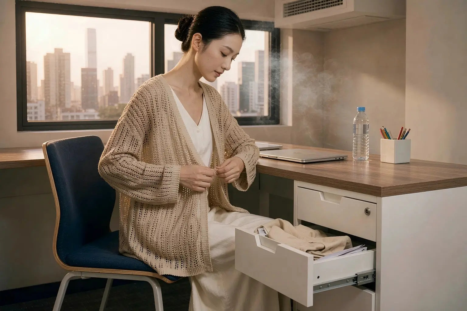Layering a featherweight open-knit cardigan at the desk under office air-con