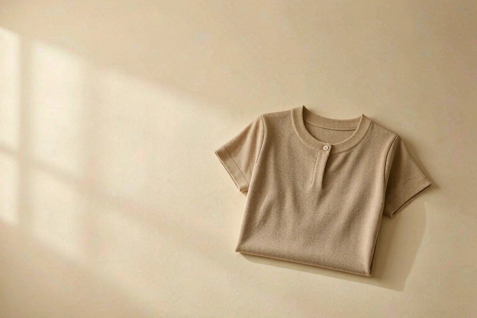 A folded oatmeal seamless knit top laid flat on a warm cream surface in soft natural light, minimal MUJI-style composition
