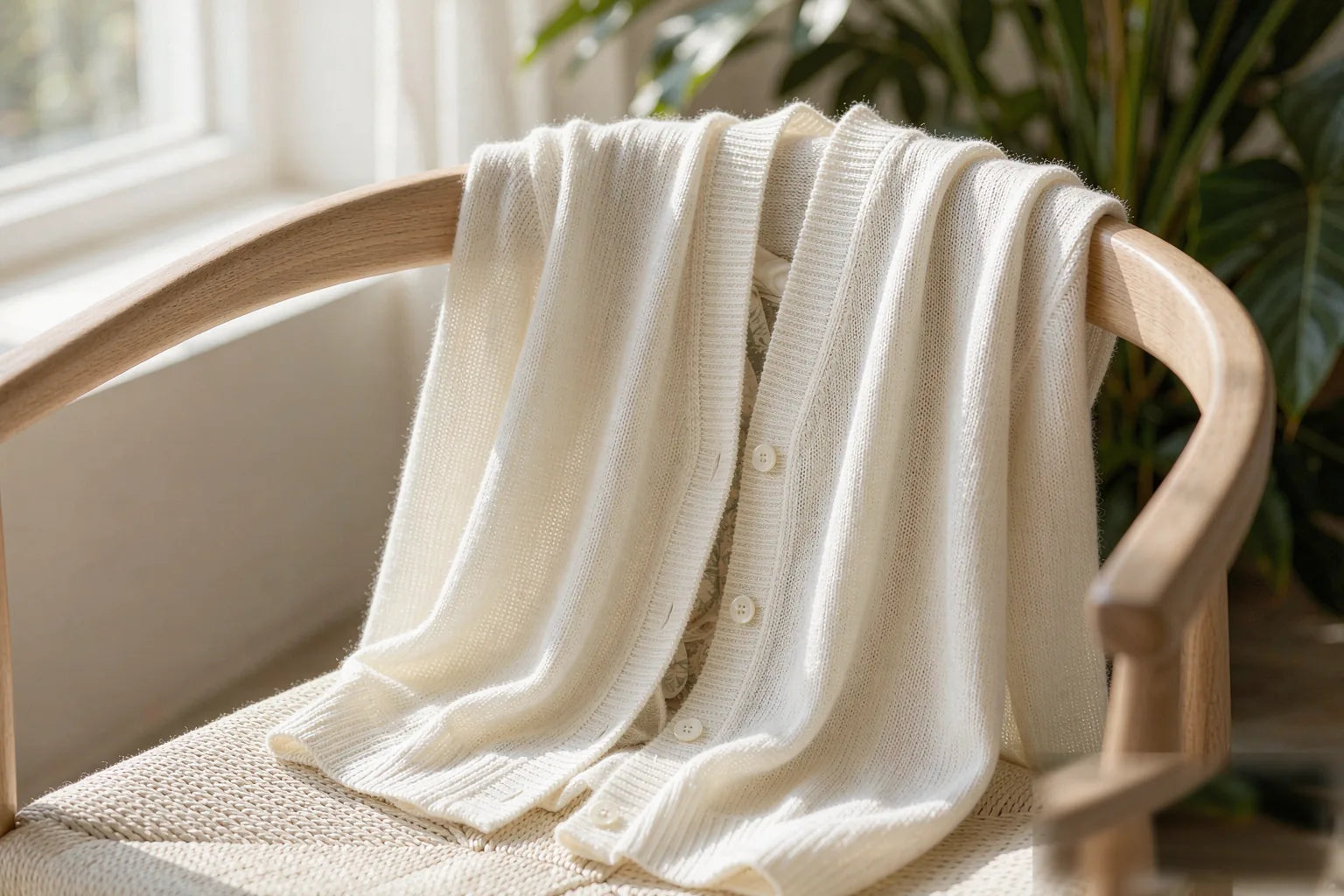 Lightweight knit cardigan draped on a wooden chair by a bright window with greenery — breathable knitwear for warm tropical climate